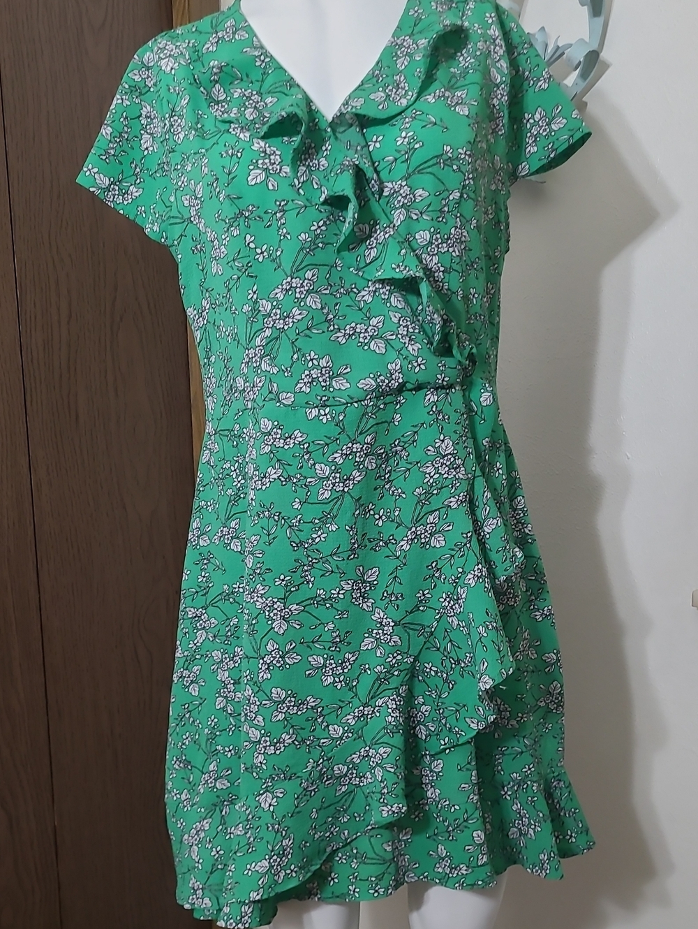 Floral Ruffle Wrap Mini Dress in Green